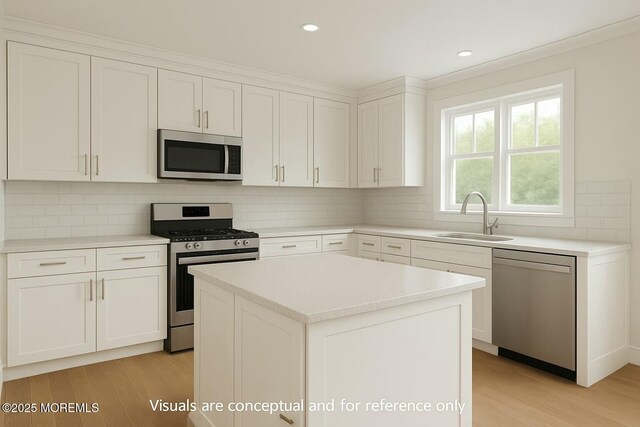 kitchen with light wood-type flooring, a sink, appliances with stainless steel finishes, and white cabinets