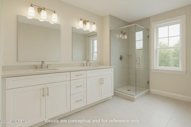 full bathroom with baseboards, a sink, tile patterned flooring, and a stall shower