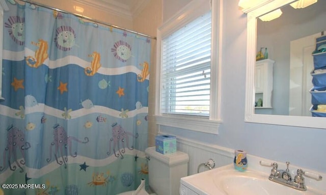 300 W Concourse, Neptune Township, NJ 07753 - bathroom with a decorative wall, vanity, toilet, curtained shower, and wainscoting