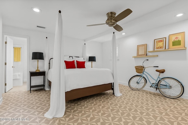 bedroom featuring baseboards, visible vents, recessed lighting, and a ceiling fan