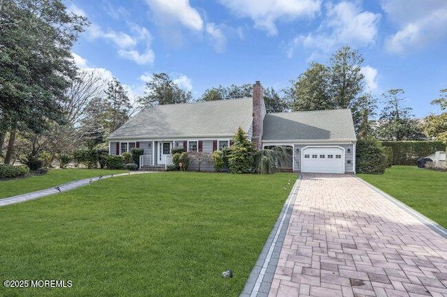 view of front of house featuring a front lawn, a chimney, decorative driveway, and a garage