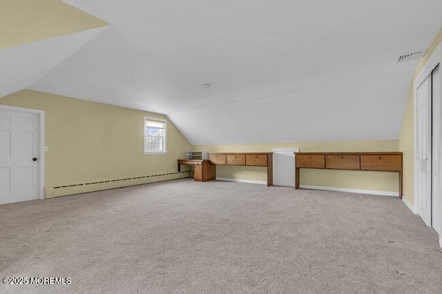 bonus room featuring lofted ceiling, visible vents, light carpet, and a baseboard radiator