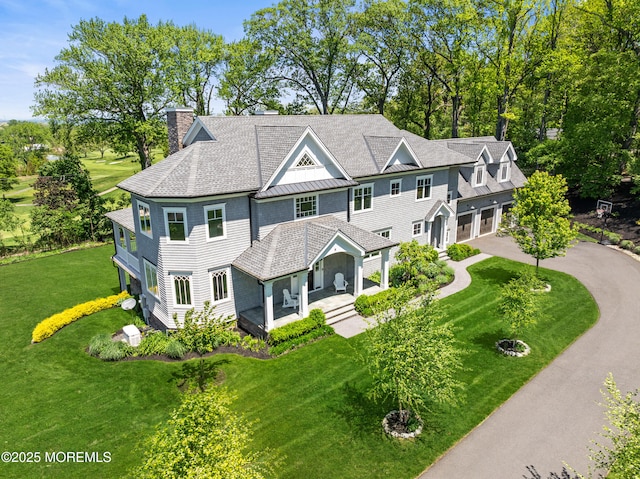 11 Beacon Hill Rd, Atlantic Highlands, NJ 07716 - shingle-style home with driveway, a chimney, a standing seam roof, a porch, and a shingled roof