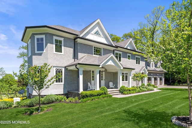 11 Beacon Hill Rd, Atlantic Highlands, NJ 07716 - shingle-style home featuring an attached garage, a porch, roof with shingles, a front lawn, and driveway