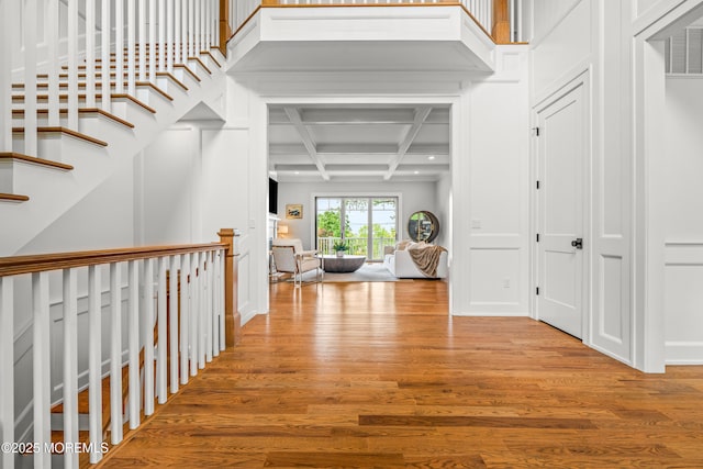 11 Beacon Hill Rd, Atlantic Highlands, NJ 07716 - hallway with wood finished floors, coffered ceiling, beamed ceiling, and recessed lighting