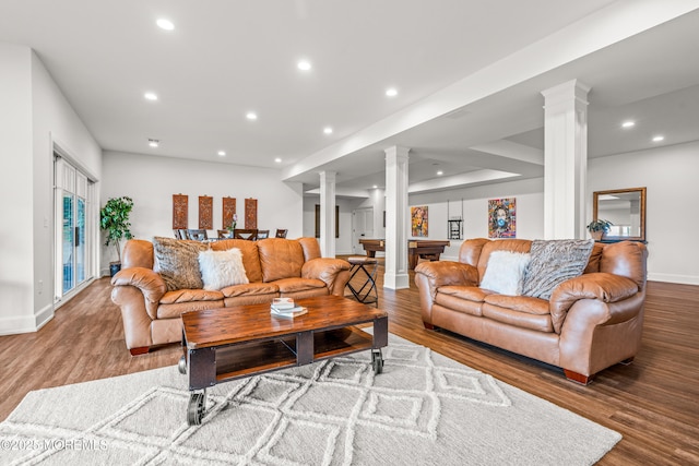11 Beacon Hill Rd, Atlantic Highlands, NJ 07716 - living room featuring decorative columns, wood finished floors, recessed lighting, baseboards, and billiards