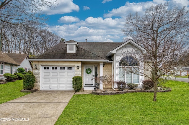 1792 Buttonwood Ave, Toms River, NJ 08755 - view of front facade featuring a front yard, an attached garage, brick siding, driveway, and roof with shingles