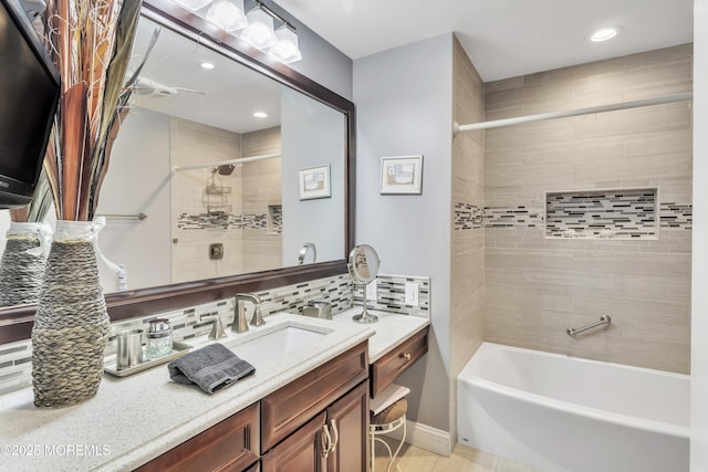 1792 Buttonwood Ave, Toms River, NJ 08755 - bathroom featuring tiled shower / bath combo, decorative backsplash, recessed lighting, and vanity