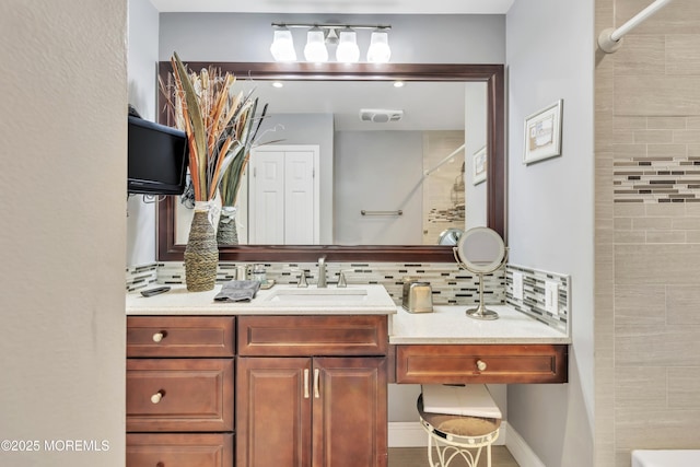 1792 Buttonwood Ave, Toms River, NJ 08755 - bathroom featuring backsplash, a tile shower, vanity, and visible vents