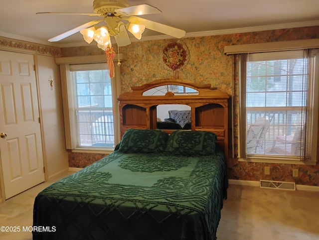 53 Pine Ridge Blvd, Whiting, NJ 08759 - bedroom featuring carpet, ceiling fan, ornamental molding, and wallpapered walls