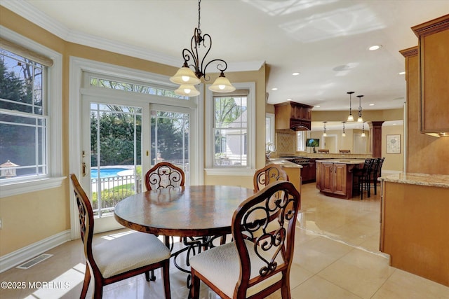 dining space with light tile patterned flooring, visible vents, recessed lighting, a chandelier, and ornamental molding