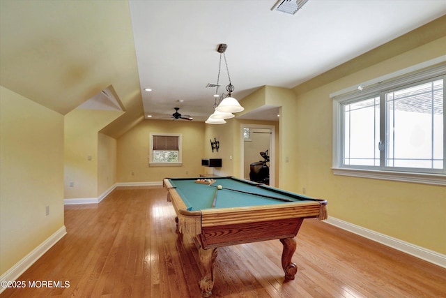 game room with light wood-type flooring, baseboards, visible vents, and pool table