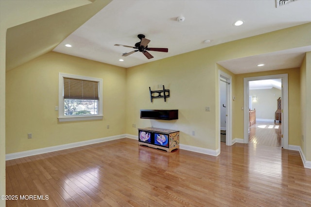 unfurnished living room featuring recessed lighting, light wood-type flooring, and ceiling fan