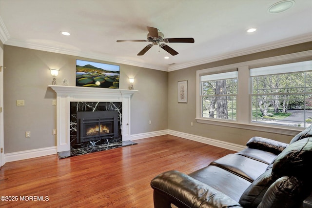 living room featuring a fireplace, wood finished floors, a wealth of natural light, and ornamental molding