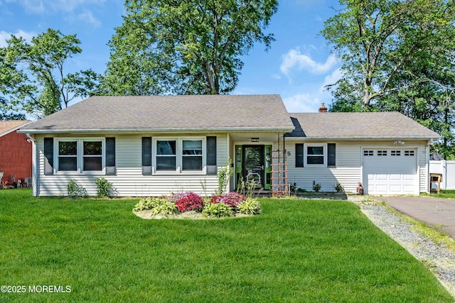 35 Tara Lin Dr, Hazlet, NJ 07730 - ranch-style home featuring a garage, driveway, a front lawn, and a chimney