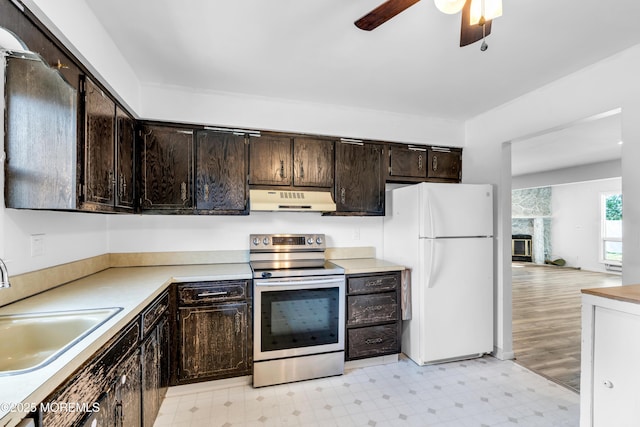 35 Tara Lin Dr, Hazlet, NJ 07730 - kitchen featuring electric stove, under cabinet range hood, freestanding refrigerator, light floors, and ceiling fan