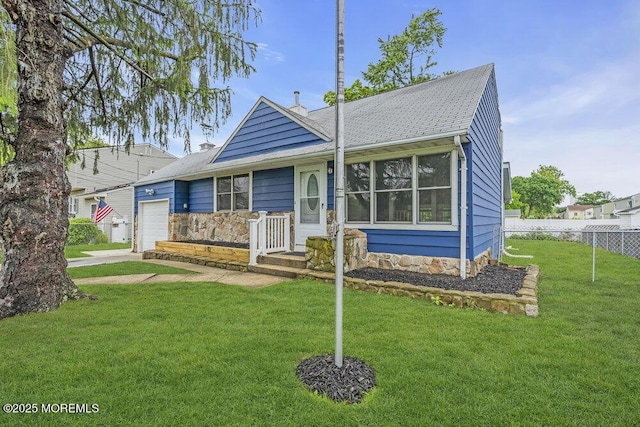 703 Stone Rd, Union Beach, NJ 07735 - ranch-style home with an attached garage, a chimney, and stone siding