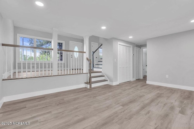 703 Stone Rd, Union Beach, NJ 07735 - basement with baseboards, wood finished floors, recessed lighting, and stairway