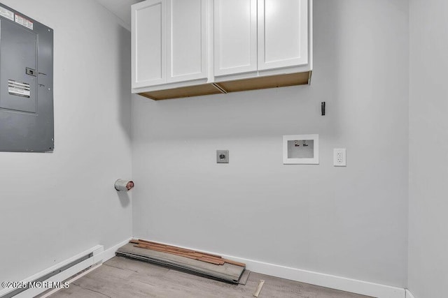 703 Stone Rd, Union Beach, NJ 07735 - laundry area with electric panel, cabinet space, washer hookup, hookup for an electric dryer, and wood finished floors