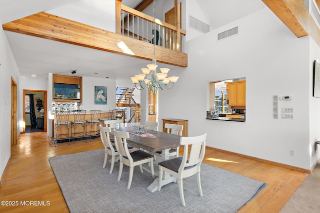 dining area featuring visible vents, a chandelier, and light wood-type flooring