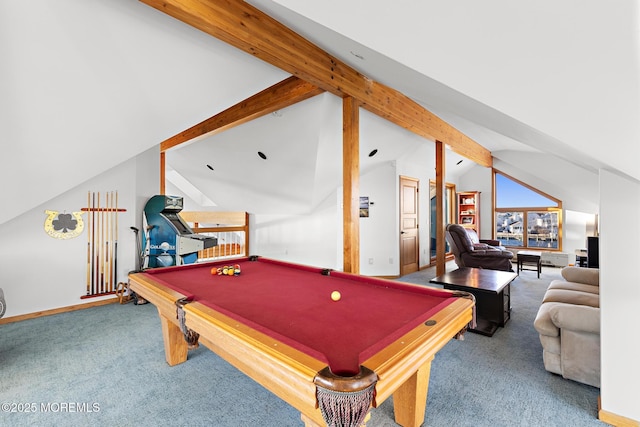 game room featuring vaulted ceiling with beams, billiards, baseboards, and carpet flooring