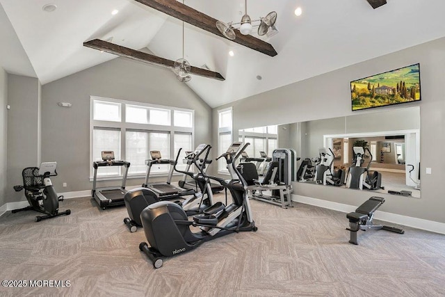 gym with high vaulted ceiling, baseboards, and carpet floors