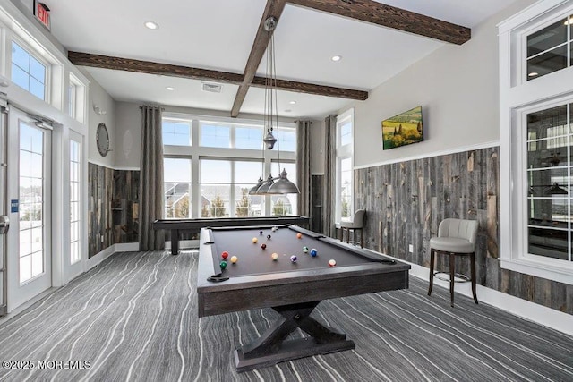 game room with beam ceiling, billiards, carpet flooring, and wood walls