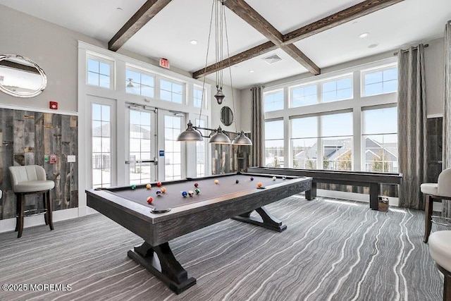 playroom featuring pool table, beam ceiling, carpet, and plenty of natural light