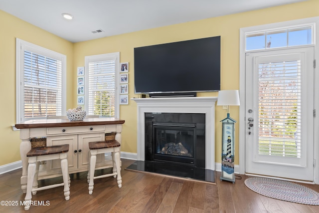 living room with wood finished floors, baseboards, visible vents, and a wealth of natural light