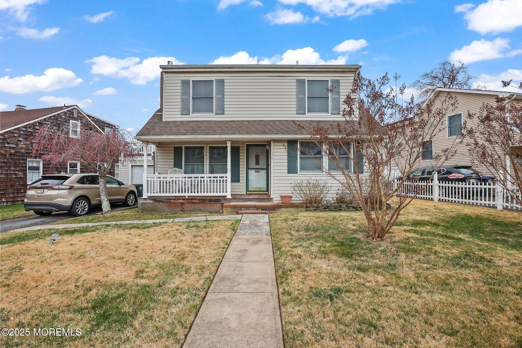 1648 Riverview Ter, West Belmar, NJ 07719 - view of front facade featuring roof with shingles, fence, a front lawn, a porch, and a garage