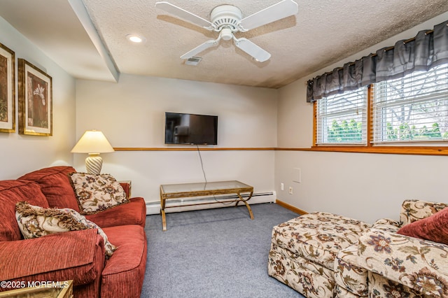 438 Carlisa Dr, Brick, NJ 08723 - living room with baseboard heating, a textured ceiling, carpet floors, and a ceiling fan