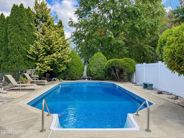 view of pool featuring a fenced backyard, a fenced in pool, and a patio area