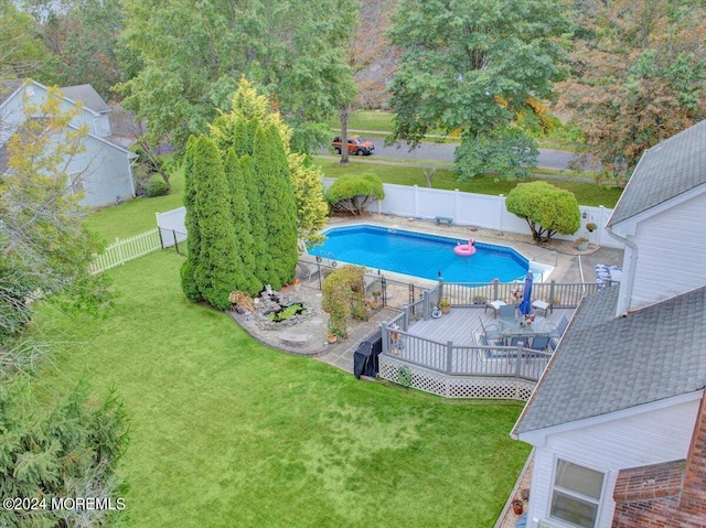 view of pool featuring a fenced backyard, a fenced in pool, a deck, and a lawn