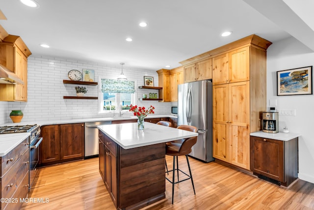kitchen with open shelves, stainless steel appliances, light wood-style floors, backsplash, and recessed lighting