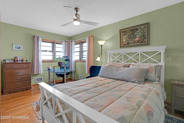bedroom featuring visible vents, wood finished floors, and a ceiling fan