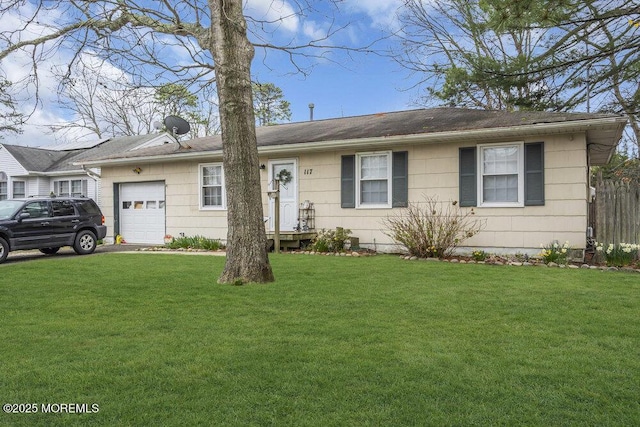 117 Bowsprit Rd, Manahawkin, NJ 08050 - ranch-style home with an attached garage, roof with shingles, a front yard, and fence