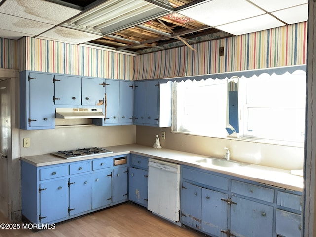 kitchen with blue cabinets, under cabinet range hood, dishwasher, and a sink