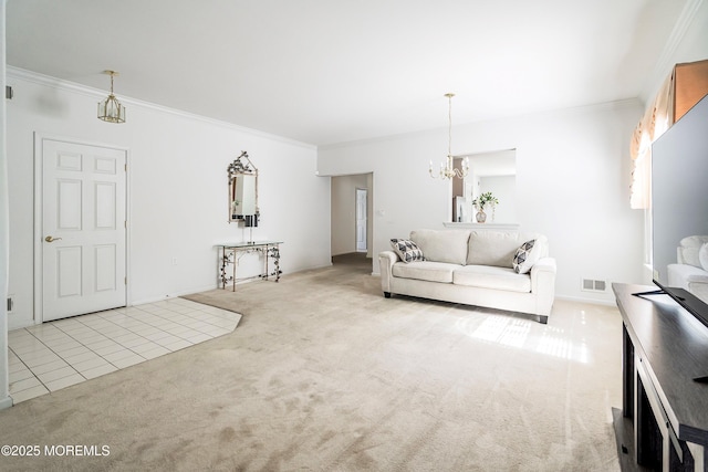 108 Belvedere Dr N, Manchester, NJ 08759 - living area with carpet, a notable chandelier, visible vents, and crown molding
