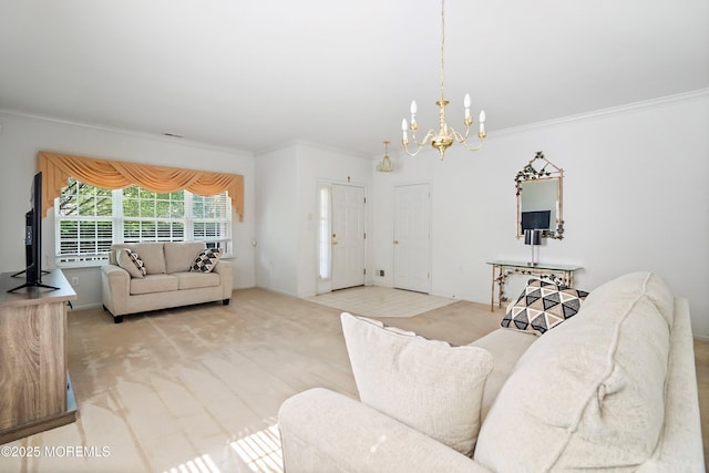 108 Belvedere Dr N, Manchester, NJ 08759 - living area featuring ornamental molding, light colored carpet, and a chandelier