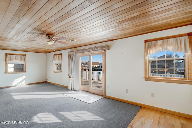 unfurnished room with wood finished floors, wood ceiling, baseboards, and ceiling fan