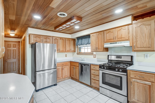 kitchen with wooden ceiling, a sink, under cabinet range hood, stainless steel appliances, and visible vents