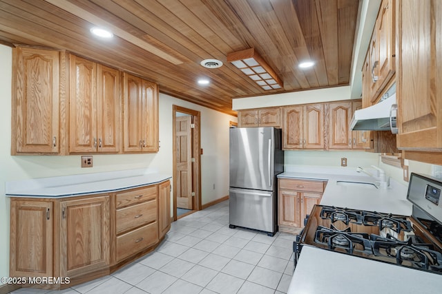 kitchen featuring light countertops, wood ceiling, a sink, stainless steel appliances, and recessed lighting