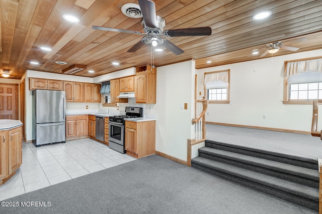 kitchen featuring light countertops, stainless steel appliances, under cabinet range hood, wood ceiling, and ceiling fan