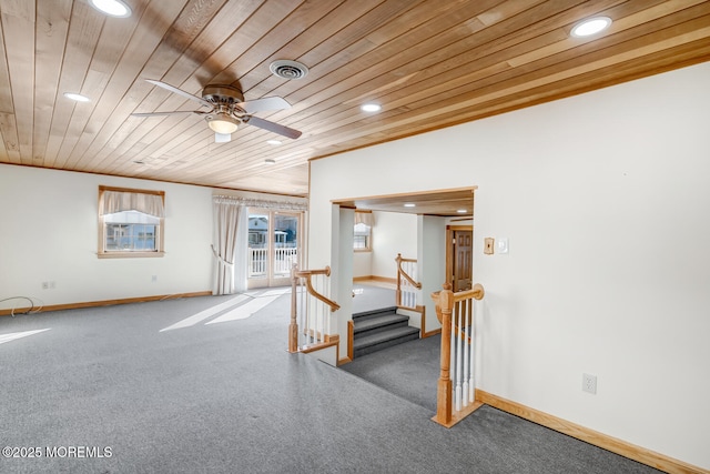 interior space featuring carpet flooring, visible vents, recessed lighting, a ceiling fan, and wooden ceiling