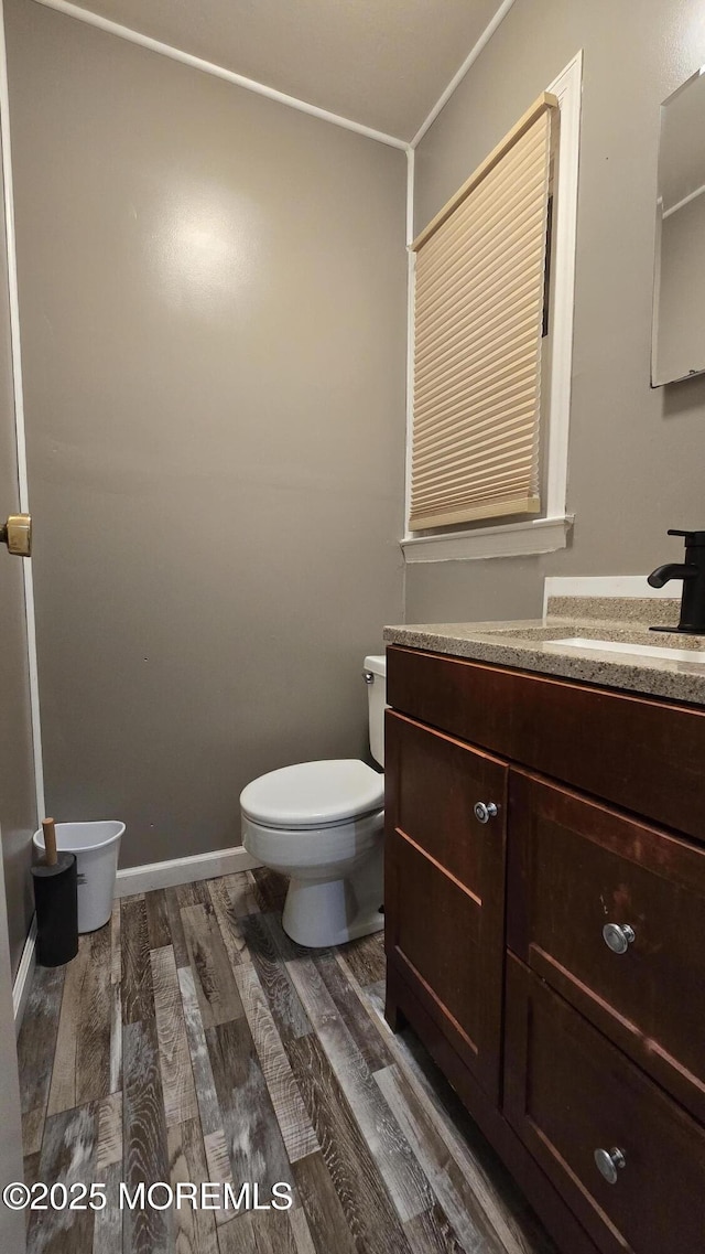 bathroom with toilet, vanity, and wood finished floors