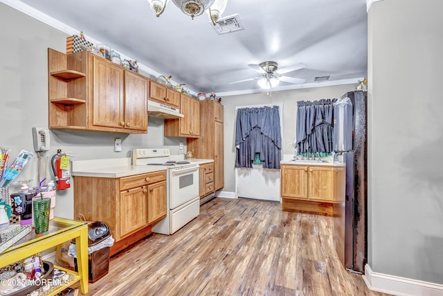 37D Cambridge Ct Unit 100D, Lakewood, NJ 08701 - kitchen featuring white electric range, under cabinet range hood, light wood-style floors, light countertops, and open shelves