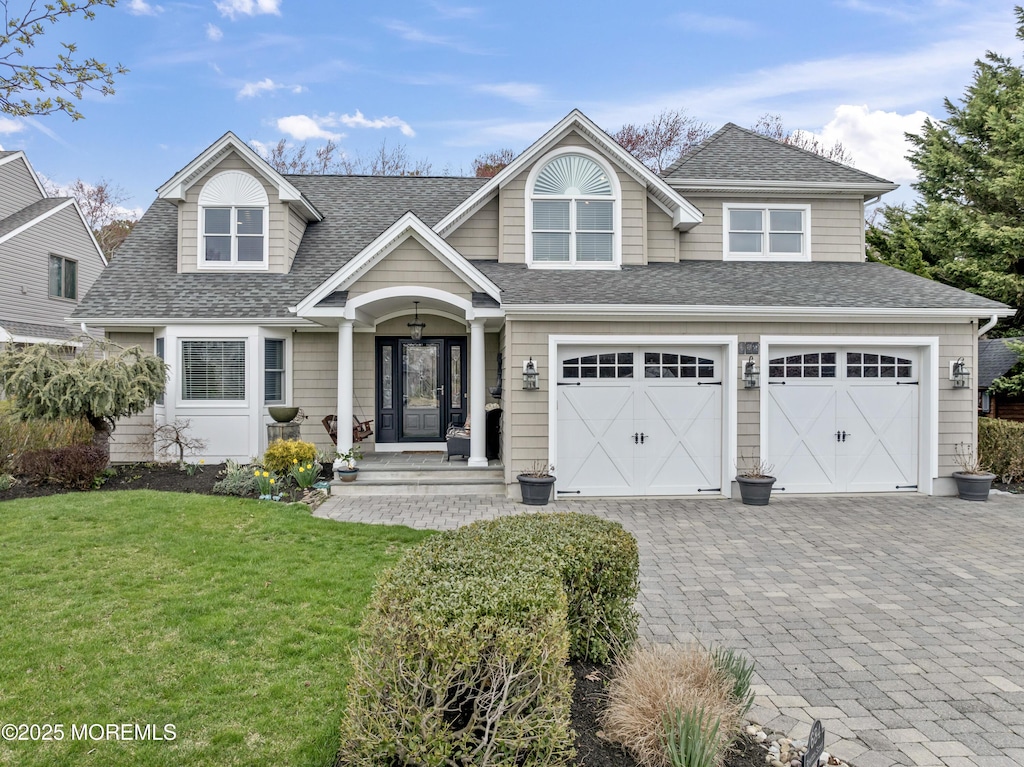 684 Preston St, Brick, NJ 08723 - view of front of property featuring a front yard, decorative driveway, roof with shingles, and an attached garage