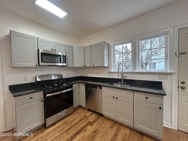 kitchen featuring appliances with stainless steel finishes, a sink, and dark countertops
