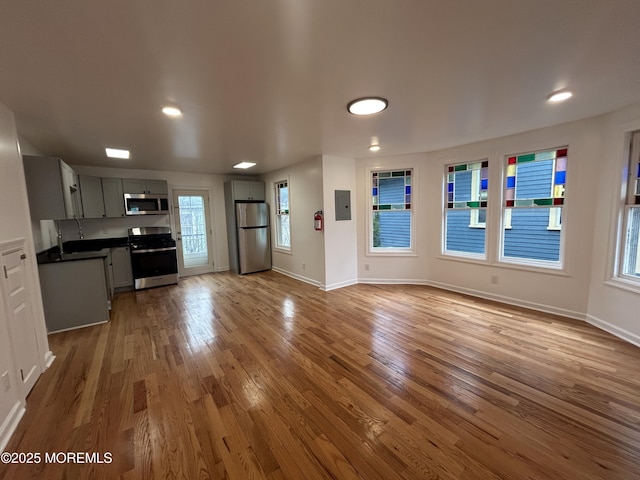 unfurnished living room featuring a sink, baseboards, wood finished floors, and electric panel