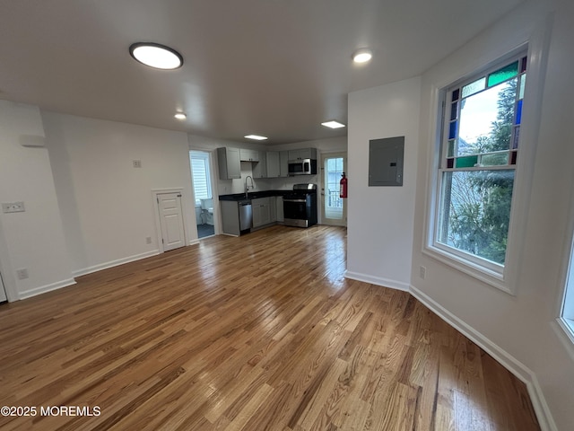 unfurnished living room featuring a sink, baseboards, wood finished floors, and electric panel